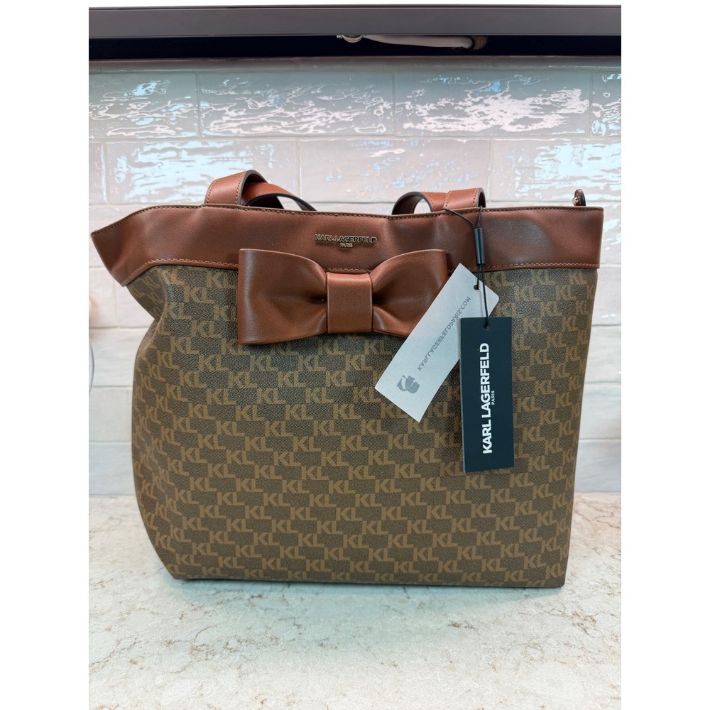 Karl Lagerfeld Paris Brown Monogram Tote Bag with Bow Detail New